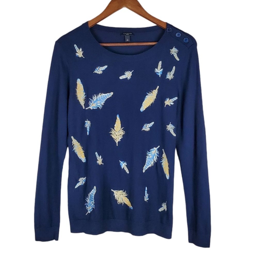 TALBOTS Petites Feather Print Button Shoulder Knit Sweater Navy Blue LP